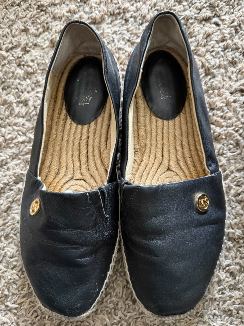 Michael Kors Black Leather Slip-On Espadrilles with Gold MK Buttons